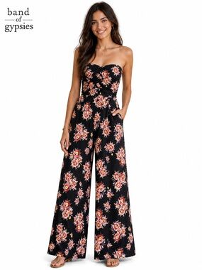 Band of Gypsies Black Coral Floral‎ Strapless Wide Leg Jumpsuit Size M